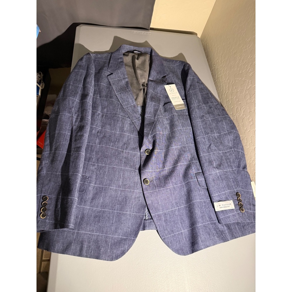 J.M. Haggar Mens 56 Short Blue Windowpane Linen Blend Sport Coat Blazer HJ90360